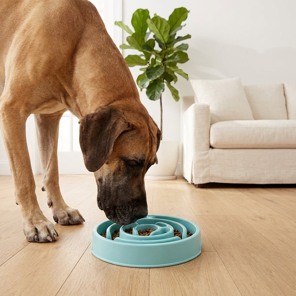 Great Dane eating from the SlowSnout slow feeder for large dogs